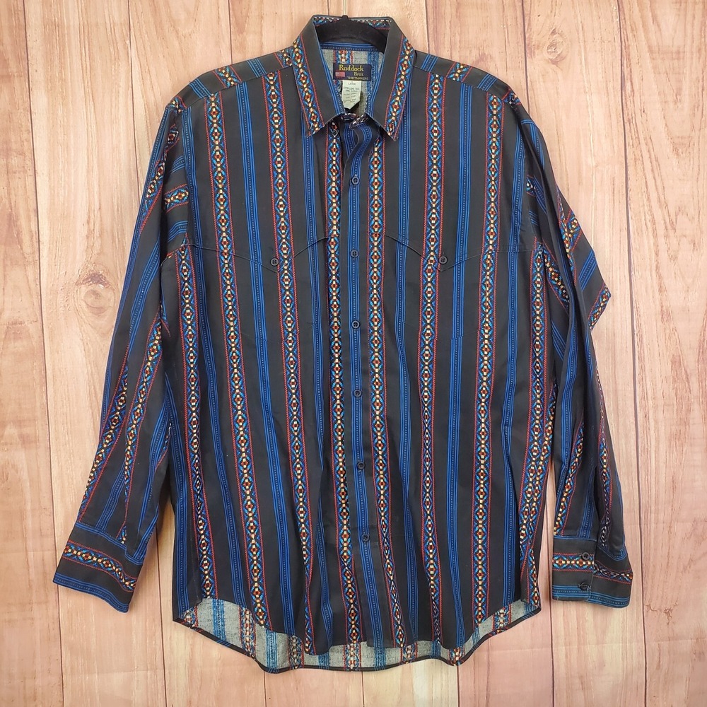 Vintage‎ Ruddock Bros Button Up Western Shirt Mens L XL Aztec Cowboy Long Tail
